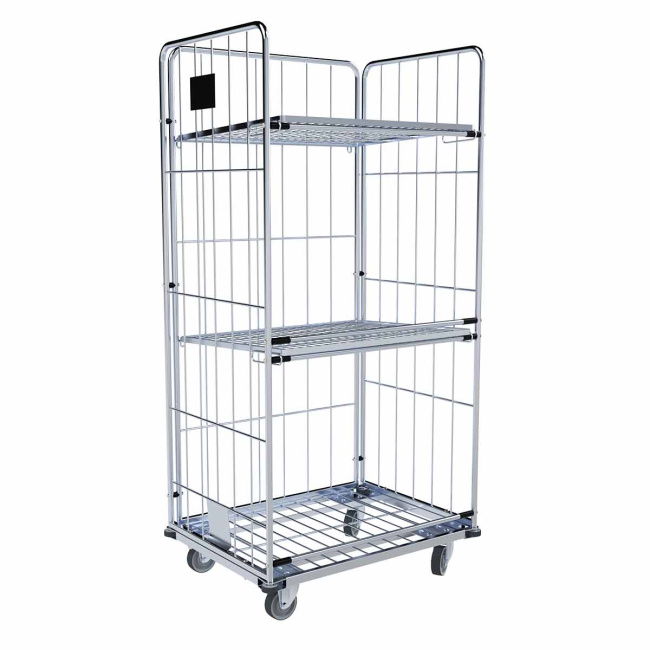 Wäschewagen mit 2 Zwischenböden klappbar, 4 Abweisräder. Stahlboden, 3-seitig, Nutzhöhe 1.600 mm, 850 x 630 x 1.750 mm, 500 kg