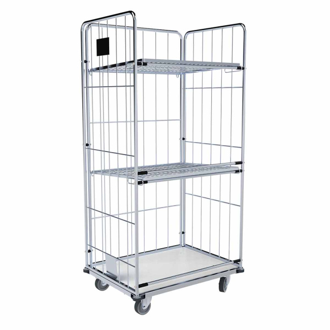 Wäschewagen mit 2 Zwischenböden klappbar, 4 Abweisräder, Kunststoffboden Weiß, 3-seitig, Nutzhöhe 1.600 mm, 850 x 630 x 1.750 mm, 500 kg