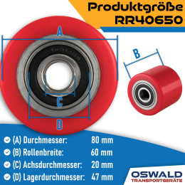 Hubwagen Rolle Polyurethan 80 x 60 mm, Achse 25 mm inkl. Kugellager - Ersatzrolle