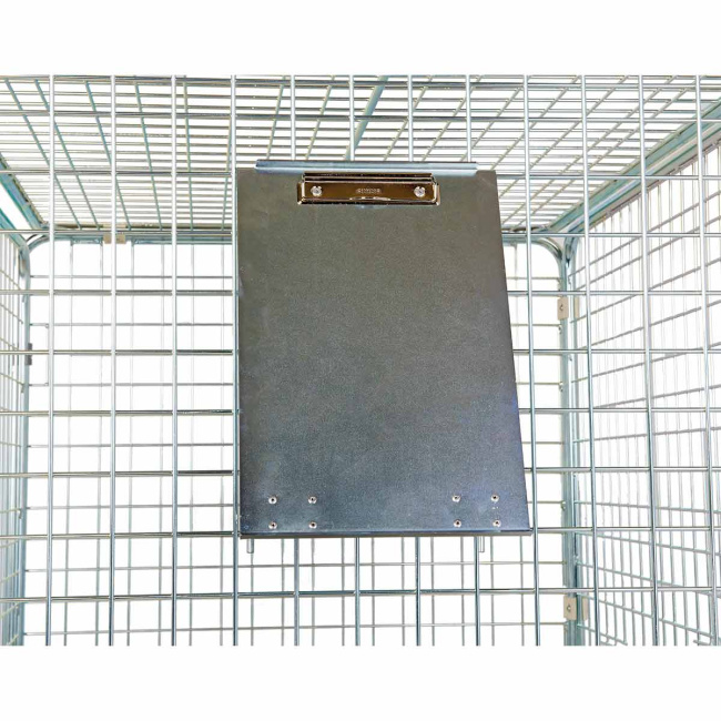 Kommissioniertafel mit Klemmbrett für Rollbehälter, schräg klappbar, Anbringung am Seitengitter, DIN A4, Stahlblech