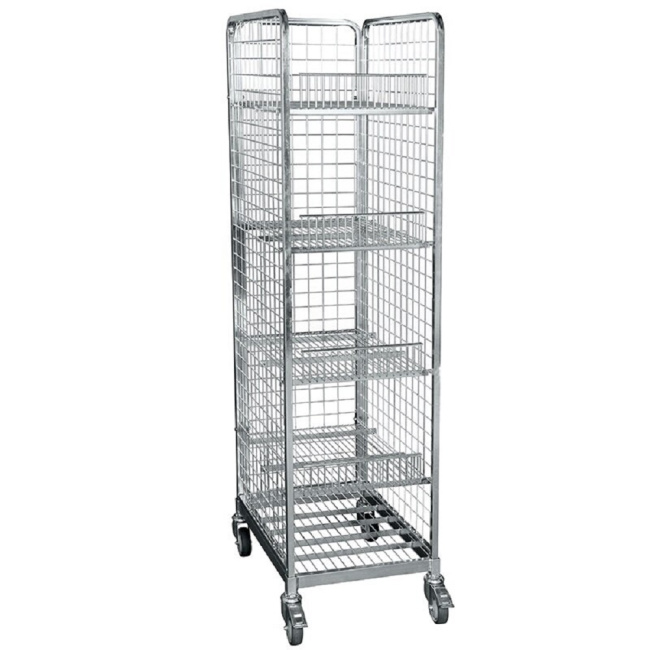 Stahlrollbehälter 460, 500 x 680 x 1.855 mm, mit 4 Zwischenböden mit Aufkantung, 3-seitig, Nutzhöhe 1.665 mm, Rollplatte aus Metall, 300 kg