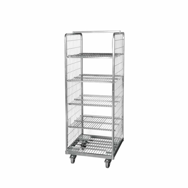 Stahlrollbehälter 600,  610 x 610 x 1.675 mm, mit 4 Zwischenböden mit Aufkantung 20 mm, 2-seitig, Nutzhöhe 1.490 mm, Rollplatte aus Metall, 500 kg