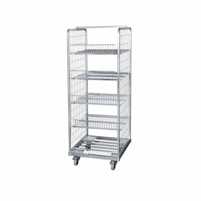 Stahlrollbehälter 600,  610 x 610 x 1.675 mm, mit 4 Zwischenböden mit Aufkantung 100 mm, 2-seitig, Nutzhöhe 1.490 mm, Rollplatte aus Metall, 500 kg