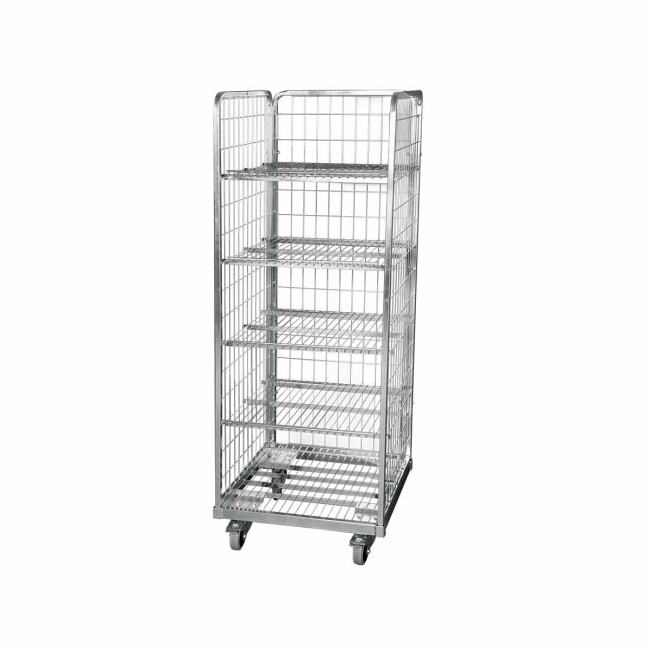 Stahlrollbehälter 600,  610 x 610 x 1.655 mm, mit 4 Zwischenböden mit Aufkantung 20 mm, 3-seitig, Nutzhöhe 1.490 mm, Rollplatte aus Metall, 500 kg