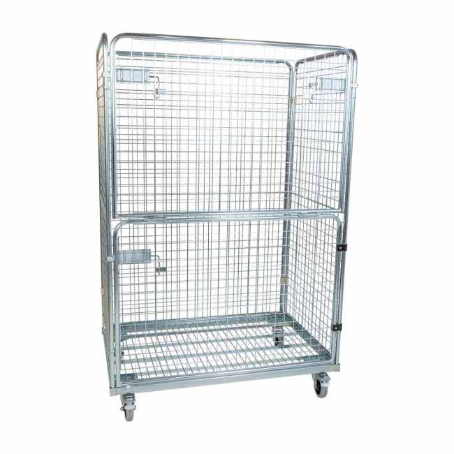 Stahlrollbehälter 800,  800 x 1.200 x 1.820 mm, 4-seitig, Vorderwand klappbar, Nutzhöhe 1.620 mm, Rollplatte aus Metall, 600 kg