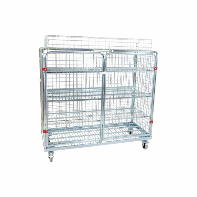 Stahlrollbehälter 620, 620 x 1.500 x 1.545 mm, 5-seitig, Diebstahlschutz, 3 Zwischenböden, 2 Flügeltüren, Korbaufsatz, Nutzhöhe 1.185 mm, Rollplatte aus Metall, 500 kg