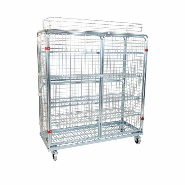 Stahlrollbehälter 620, 620 x 1.500 x 1.845 mm, 5-seitig, Diebstahlschutz, 4 Zwischenböden, 2 Flügeltüren, Korbaufsatz, Nutzhöhe 1.485 mm, Rollplatte aus Metall, 500 kg