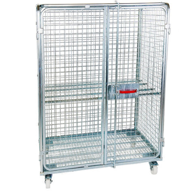 Stahlrollbehälter A800, 800 x 1.200 x 1.820 mm, 5-seitig, Absoluter Diebstahlschutz, 2 Flügeltüren, Nutzhöhe 1.575 mm, 1 Zwischenboden, Rollplatte aus Metall, 600 kg