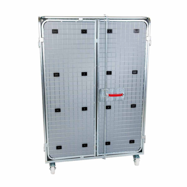 Stahlrollbehälter A800, 800 x 1.200 x 1.820 mm, 5-seitig, Absoluter Diebstahlschutz, Sichtschutz, 2 Flügeltüren, Nutzhöhe1.575 mm, 1 Zwischenboden, Rollplatte aus Metall, 600 kg