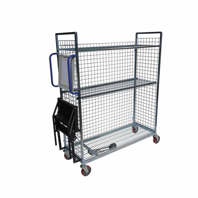 Kommissionierwagen M-2, 500 x 1.330 x 1.625 mm, 3-seitig, 1 Zwischenboden, Rollplatte aus Metall