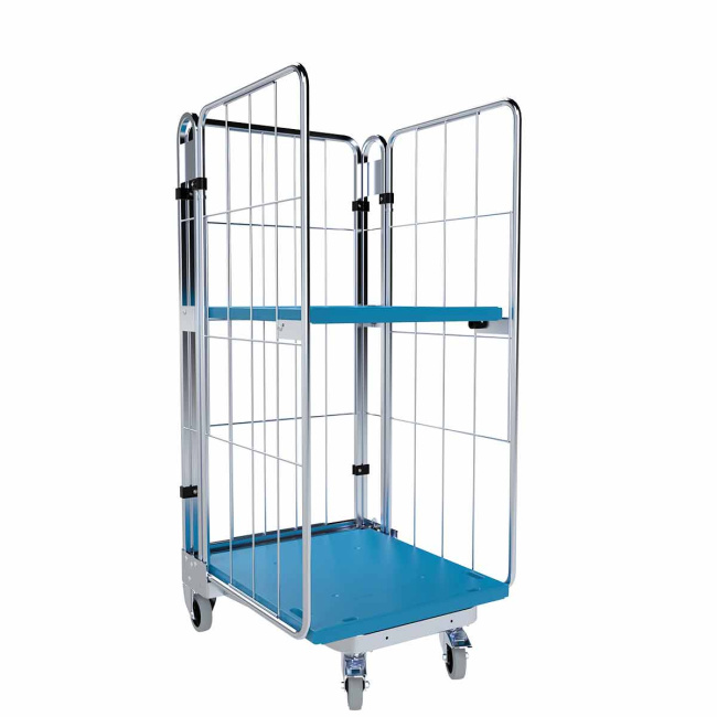 Nestbarer Rollbehälter Medium, 725 x 820 x 1.660 mm, 3-seitig, 1 Zwischenboden, Nutzhöhe 1.410 mm, Rollplatte aus Kunststoff, 500 kg