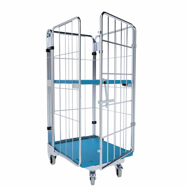 Nestbarer Rollbehälter Medium, 725 x 820 x 1.660 mm, 4-seitig, 1 Zwischenboden, Nutzhöhe 1.410 mm, Rollplatte aus Kunststoff, 500 kg