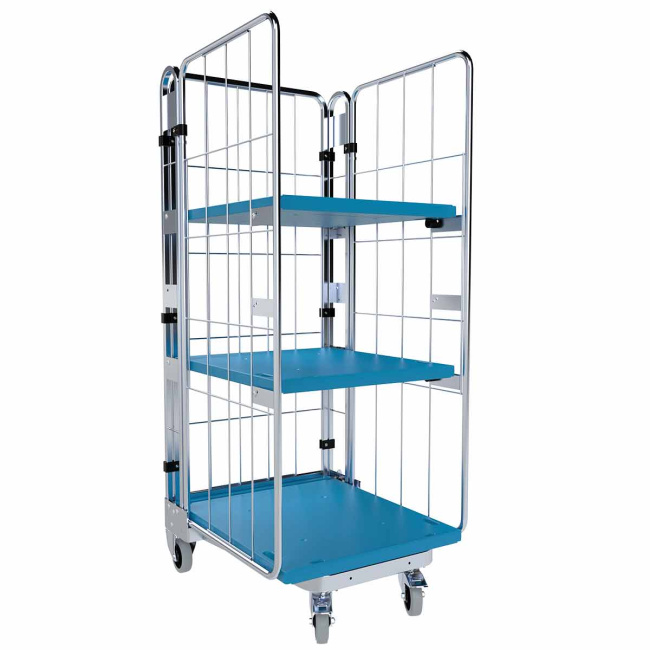 Nestbarer Rollbehälter Large, 725 x 820 x 1.780 mm, 3-seitig, 2 Zwischenböden, Nutzhöhe 1.540 mm, Rollplatte aus Kunststoff, 500 kg