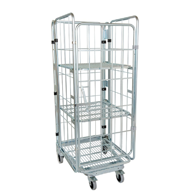 Nestbarer Rollbehälter Large, 725 x 820 x 1.780 mm, 4-seitig, 2 Zwischenböden, Nutzhöhe 1.540 mm, Rollplatte aus Metall, 500 kg