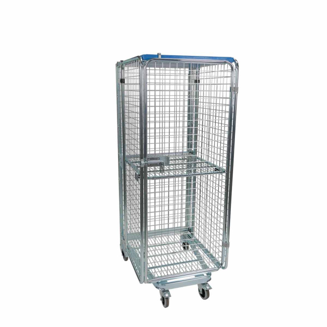 Nestbarer Rollbehälter ADB-E, 725 x 820 x 1.890 mm, 5-seitig, Diebstahlschutz, 1 Zwischenboden, Dach aus Kunststoff, Nutzhöhe 1.615 mm, Rollplatte aus Metall, 500 kg