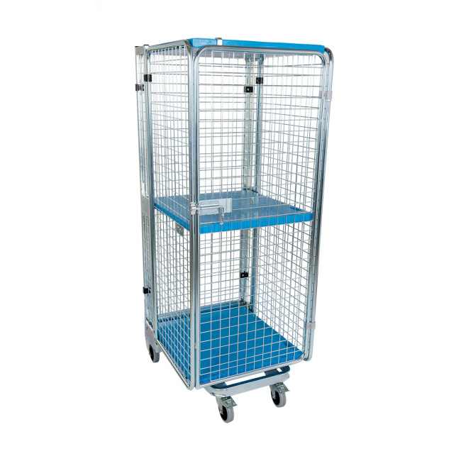 Nestbarer Rollbehälter ADB-E, 725 x 820 x 1.890 mm, 5-seitig, Diebstahlschutz, 1 Zwischenboden, Dach aus Kunststoff, Nutzhöhe 1.615 mm, Rollplatte aus Kunststoff, 500 kg