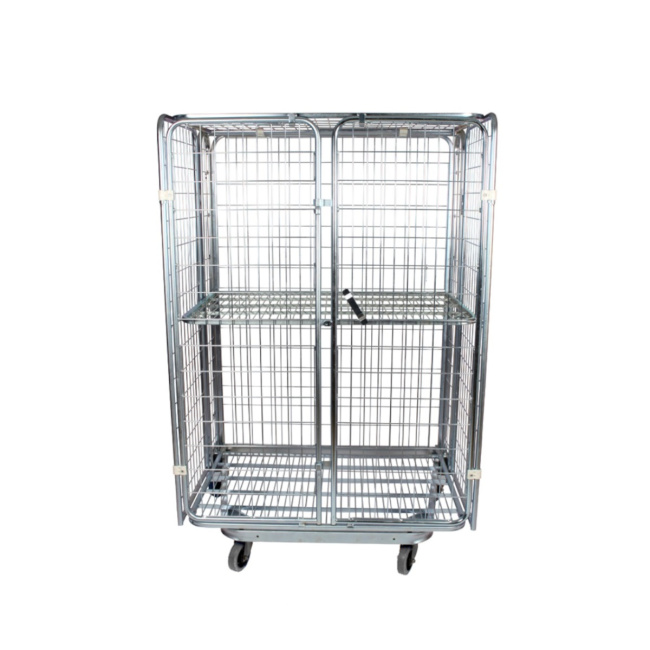 Nestbarer Rollbehälter ME, 800 x 1.200 x 1.820 mm, 5-seitig, Diebstahlschutz, 1 Zwischenboden, 2 Türen, Nutzhöhe 1.540 mm, Rollplatte aus Metall, 500 kg