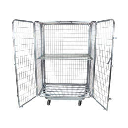 Nestbarer Rollbehälter ME, 800 x 1.200 x 1.820 mm, 5-seitig, Diebstahlschutz, 1 Zwischenboden, 2 Türen, Nutzhöhe 1.540 mm, Rollplatte aus Metall, 500 kg