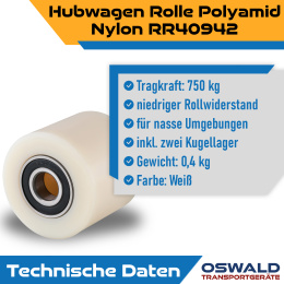 Hubwagen Rolle Polyamid Nylon 80 x 60 mm, Achse 12 mm inkl. Kugellager - Ersatzrolle