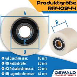 Hubwagen Rolle Polyamid Nylon 80 x 60 mm, Achse 17 mm inkl. Kugellager - Ersatzrolle