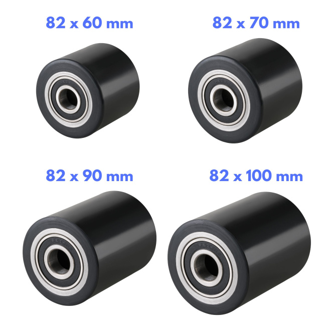 Hubwagenrollen Polyurethan schwarz 82 x 60, 70, 90, 100  mm - Achse 12, 17, 20, 25 mm inkl. Kugellager