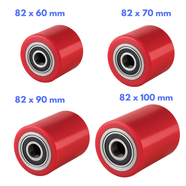 Hubwagenrollen Polyurethan rot 82 x 60, 70, 90, 100  mm - Achse 12, 17, 20, 25 mm inkl. Kugellager