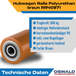 Hubwagenrolle Polyurethan braun 82 x 100 mm, Achse 17 mm inkl. Kugellager - Ersatzrolle