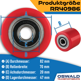 Hubwagenrolle Polyurethan rot 82 x 70 mm, Achse 20 mm inkl. Kugellager - Ersatzrolle