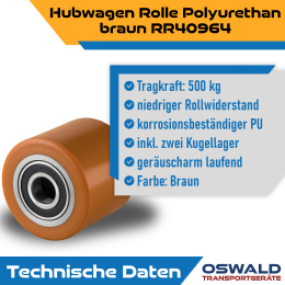 Hubwagenrolle Polyurethan braun 82 x 70 mm, Achse 12 mm inkl. Kugellager - Ersatzrolle