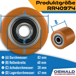 Hubwagenrolle Polyurethan braun 82 x 60 mm, Achse 25 mm inkl. Kugellager - Ersatzrolle