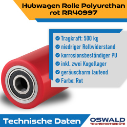 Hubwagenrolle Polyurethan rot 82 x 90 mm, Achse 25 mm inkl. Kugellager - Ersatzrolle
