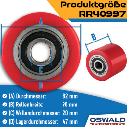 Hubwagenrolle Polyurethan rot 82 x 90 mm, Achse 25 mm inkl. Kugellager - Ersatzrolle