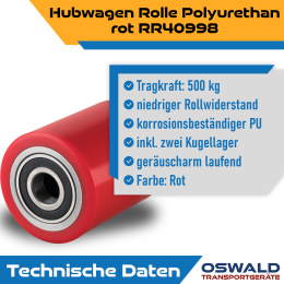 Hubwagenrolle Polyurethan rot 82 x 100 mm, Achse 25 mm inkl. Kugellager - Ersatzrolle