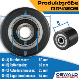 Hubwagenrolle Polyurethan schwarz 80 x 60 mm, Achse 20 mm inkl. Kugellager - Ersatzrolle
