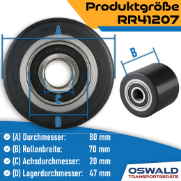 Hubwagenrolle Polyurethan schwarz 80 x 70 mm, Achse 20 mm inkl. Kugellager - Ersatzrolle