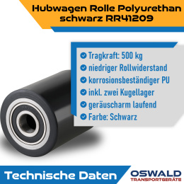 Hubwagenrolle Polyurethan schwarz 80 x 90 mm, Achse 12 mm inkl. Kugellager - Ersatzrolle