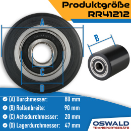 Hubwagenrolle Polyurethan schwarz 80 x 90 mm, Achse 25 mm inkl. Kugellager - Ersatzrolle