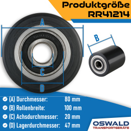 Hubwagenrolle Polyurethan schwarz 80 x 100 mm, Achse 12 mm inkl. Kugellager - Ersatzrolle
