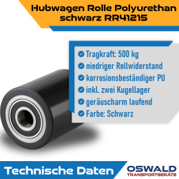 Hubwagenrolle Polyurethan schwarz 80 x 100 mm, Achse 17 mm inkl. Kugellager - Ersatzrolle