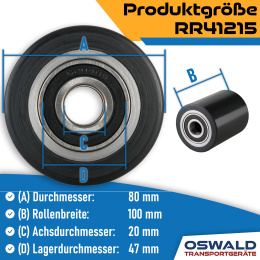 Hubwagenrolle Polyurethan schwarz 80 x 100 mm, Achse 17 mm inkl. Kugellager - Ersatzrolle