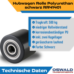 Hubwagenrolle Polyurethan schwarz 82 x 60 mm, Achse 12 mm inkl. Kugellager - Ersatzrolle