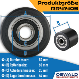 Hubwagenrolle Polyurethan schwarz 82 x 60 mm, Achse 20 mm inkl. Kugellager - Ersatzrolle