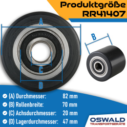 Hubwagenrolle Polyurethan schwarz 82 x 70 mm, Achse 20 mm inkl. Kugellager - Ersatzrolle