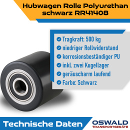 Hubwagenrolle Polyurethan schwarz 82 x 70 mm, Achse 25 mm inkl. Kugellager - Ersatzrolle