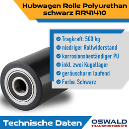 Hubwagenrolle Polyurethan schwarz 82 x 90 mm, Achse 17 mm inkl. Kugellager - Ersatzrolle