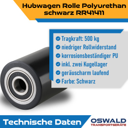 Hubwagenrolle Polyurethan schwarz 82 x 90 mm, Achse 20 mm inkl. Kugellager - Ersatzrolle