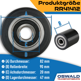 Hubwagenrolle Polyurethan schwarz 82 x 90 mm, Achse 25 mm inkl. Kugellager - Ersatzrolle