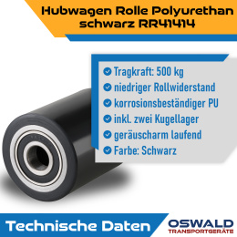 Hubwagenrolle Polyurethan schwarz 82 x 100 mm, Achse 12 mm inkl. Kugellager - Ersatzrolle