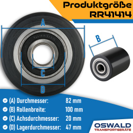 Hubwagenrolle Polyurethan schwarz 82 x 100 mm, Achse 12 mm inkl. Kugellager - Ersatzrolle