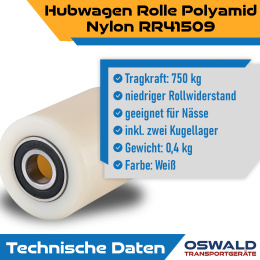 Hubwagenrolle Polyamid Nylon 82 x 90 mm, Achse 12 mm inkl. Kugellager - Ersatzrolle